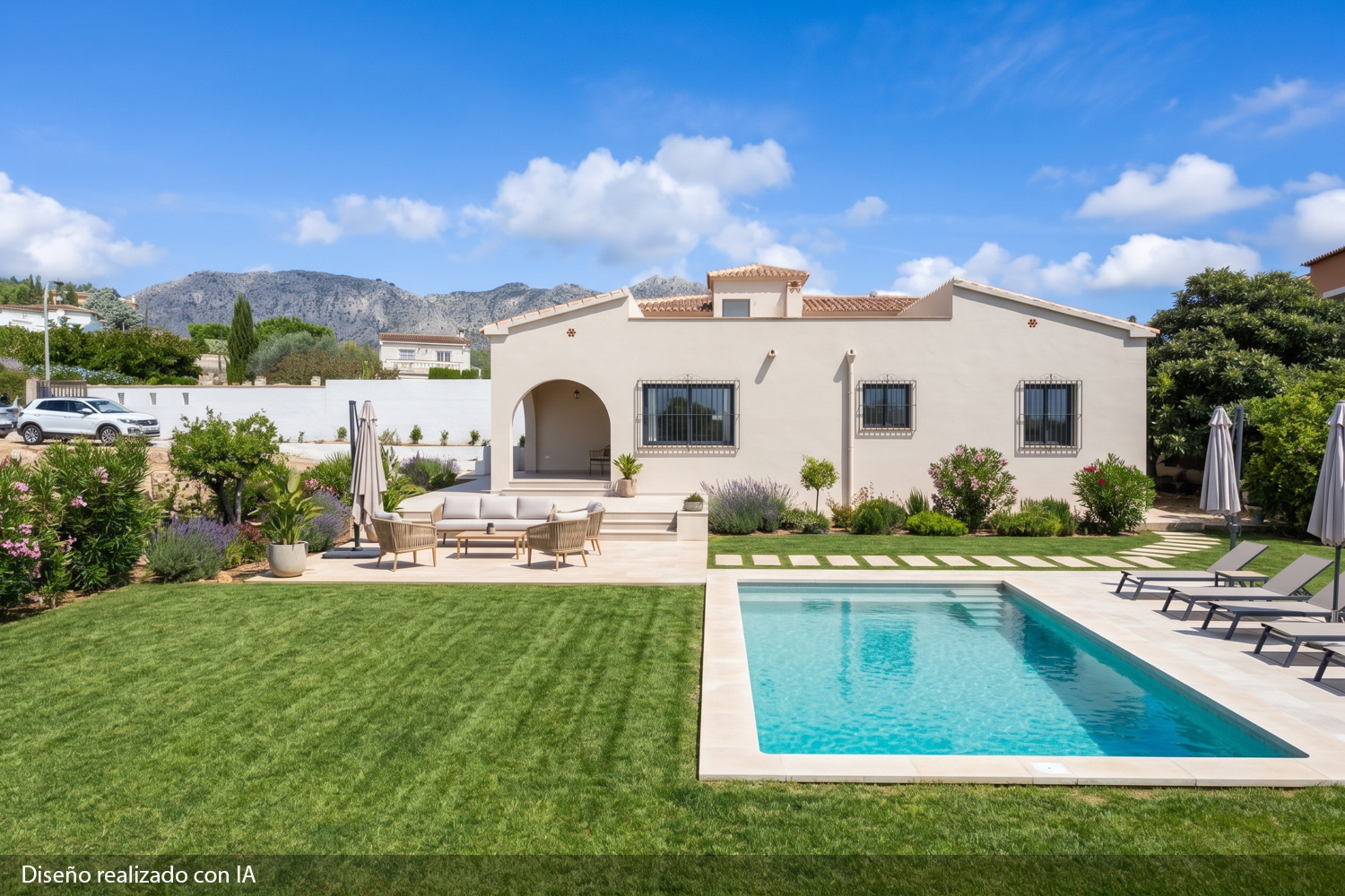 Cream-colored villa with a pool, patio furniture, and lush lawn against a mountain backdrop under a clear blue sky. [AI-generated text]