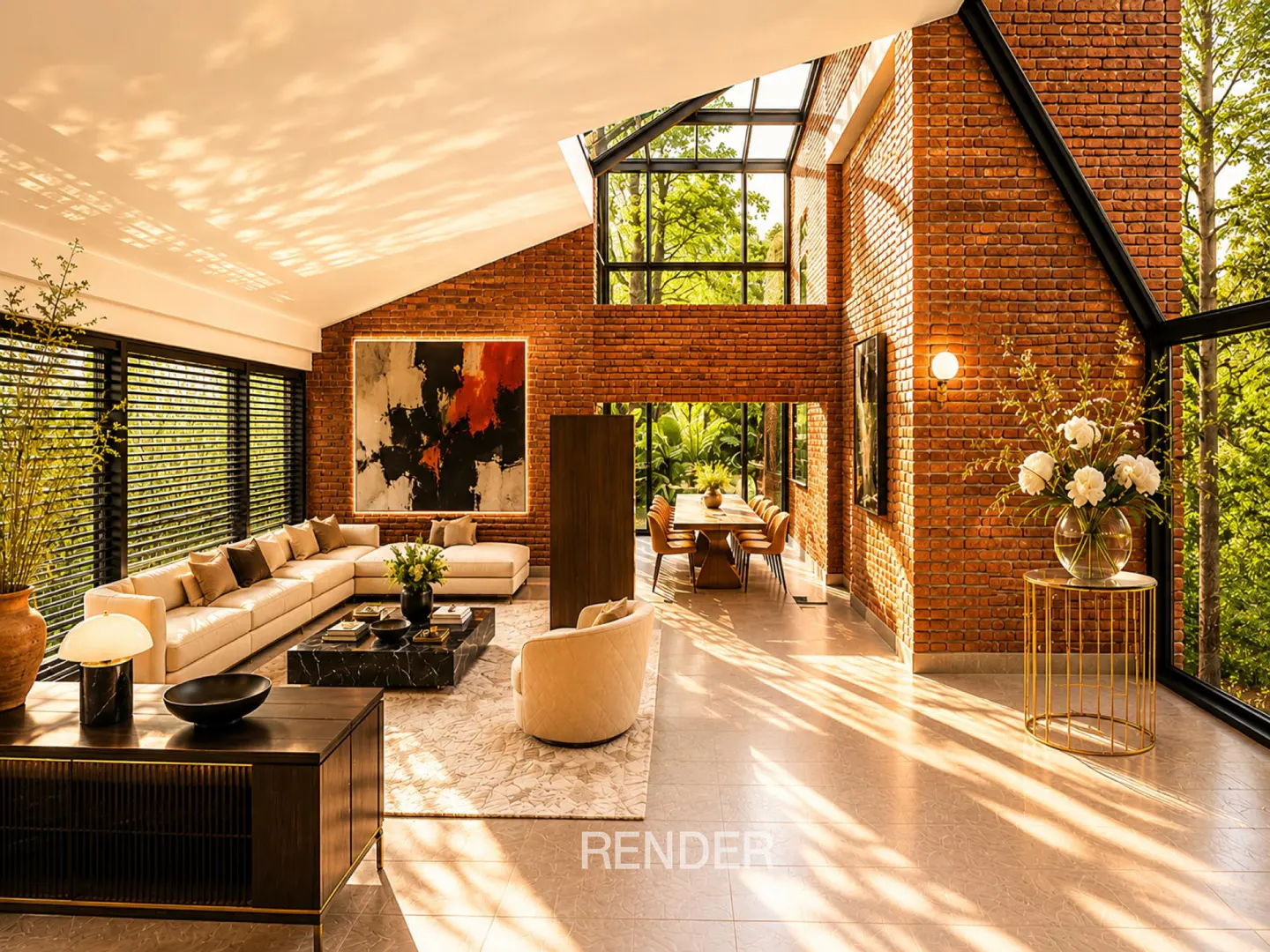 Bright, modern living room with brick walls, large windows, and a beige sectional sofa. Abstract art hangs above the sofa.