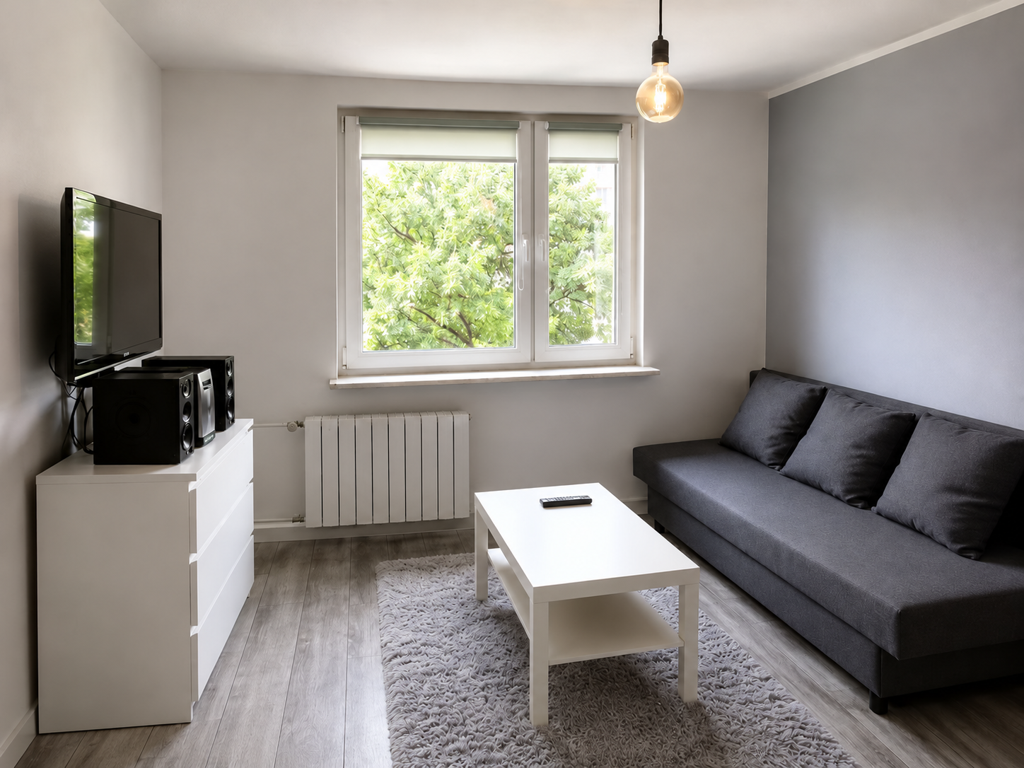 Modern living room with a grey sofa, white coffee table on a grey rug, white dresser with TV, and a window with green views. [AI-generated text]