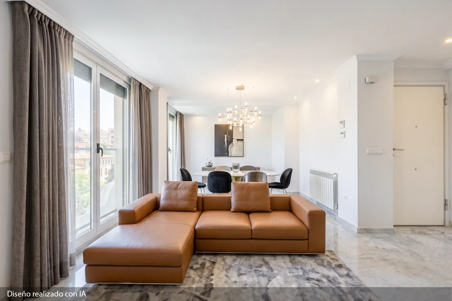 Bright living room with a brown leather sectional sofa, marble floors, and a dining area with a modern chandelier. Large windows with gray curtains.