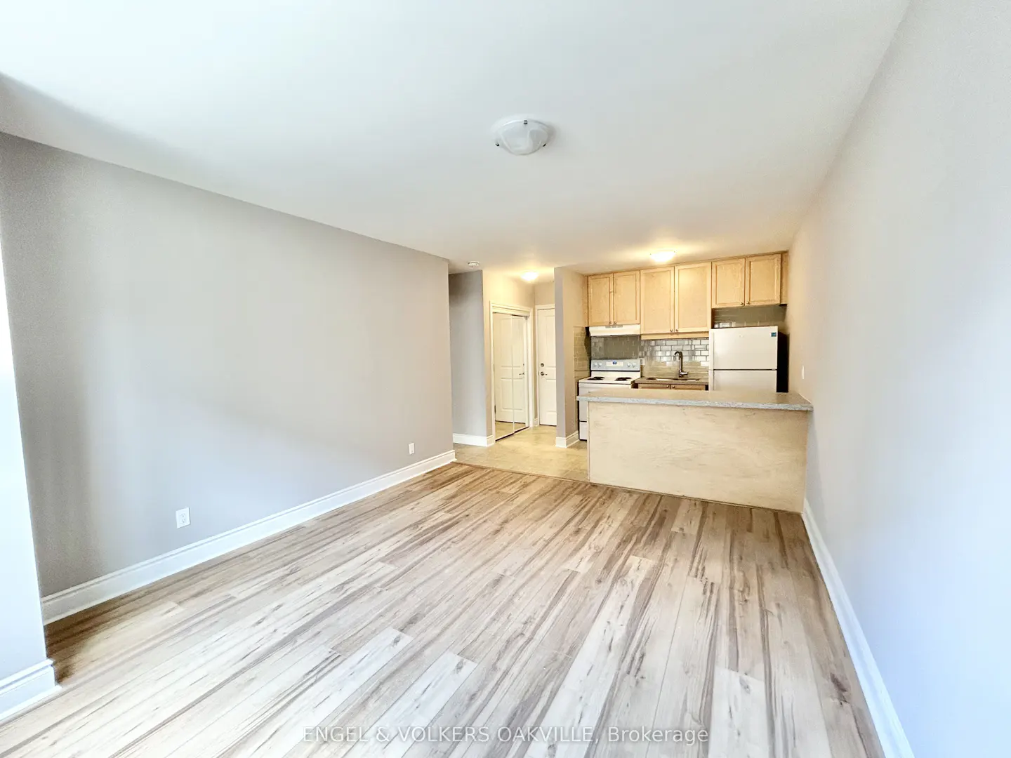 A bright, empty apartment with light wood floors, gray walls, and a kitchen with light wood cabinets.