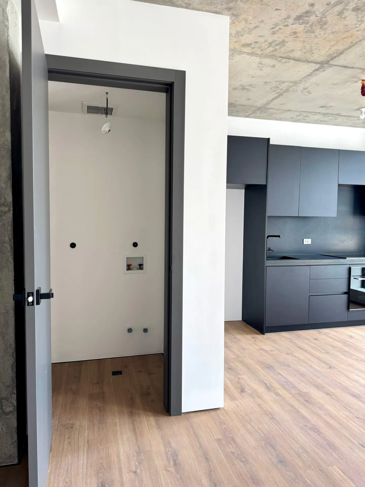 An open gray door leads to a white laundry room with wood floors. A modern gray kitchen is visible in the background.