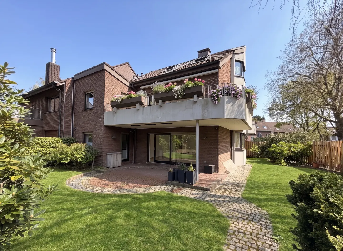 Two-story brick house with a balcony filled with flowers, a patio, and a green lawn under a clear blue sky.