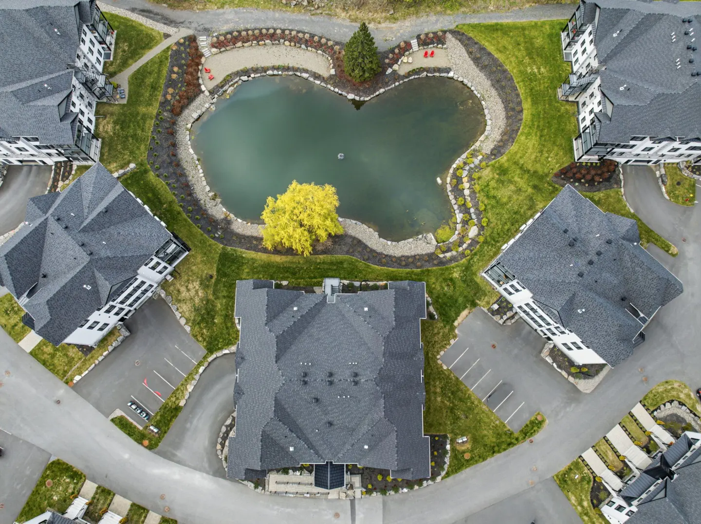 Aerial view of condos surrounding a pond with a yellow tree. The buildings have gray roofs and white siding.