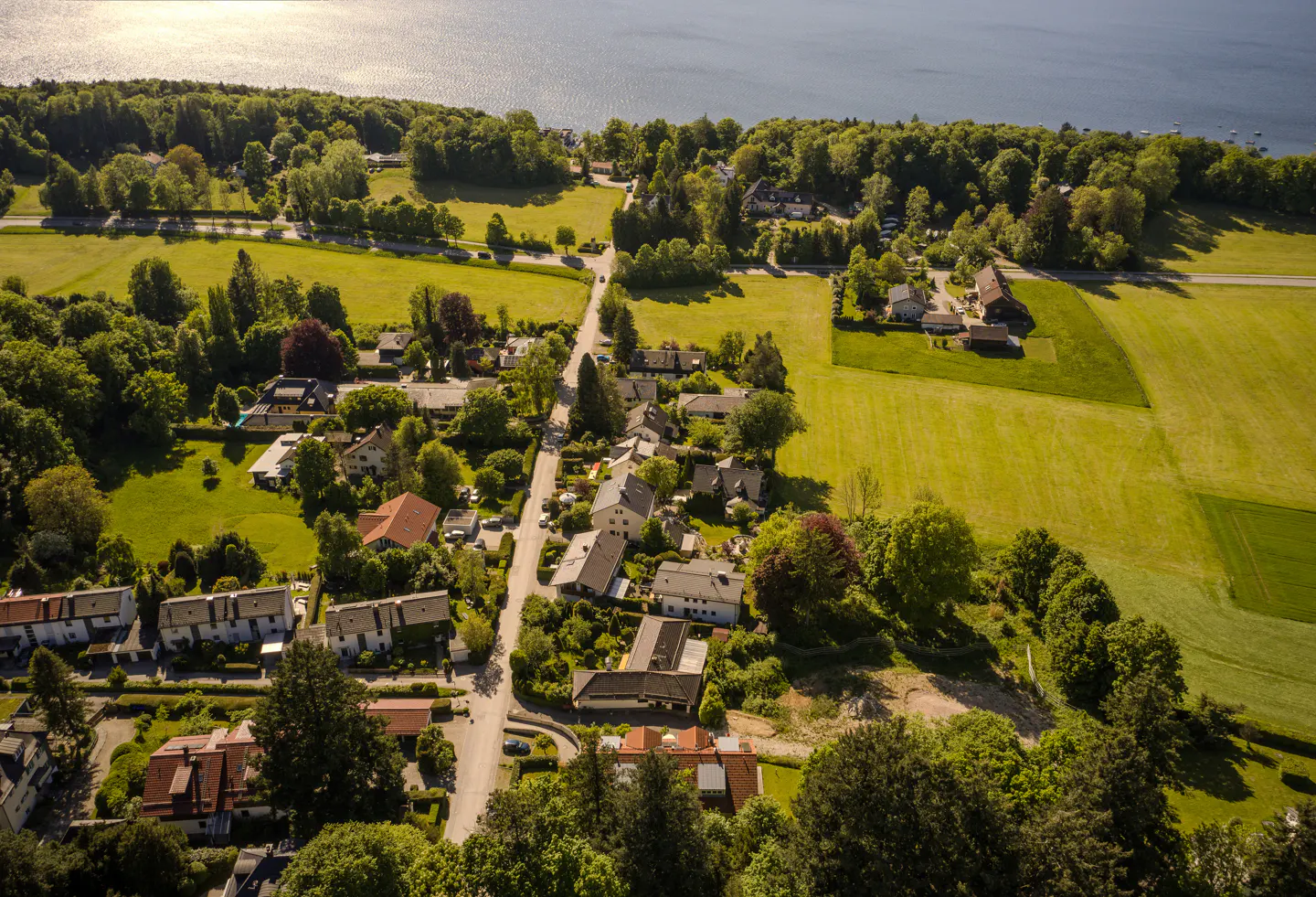 Aerial view of a village with houses, green fields, trees, and a lake in the background.