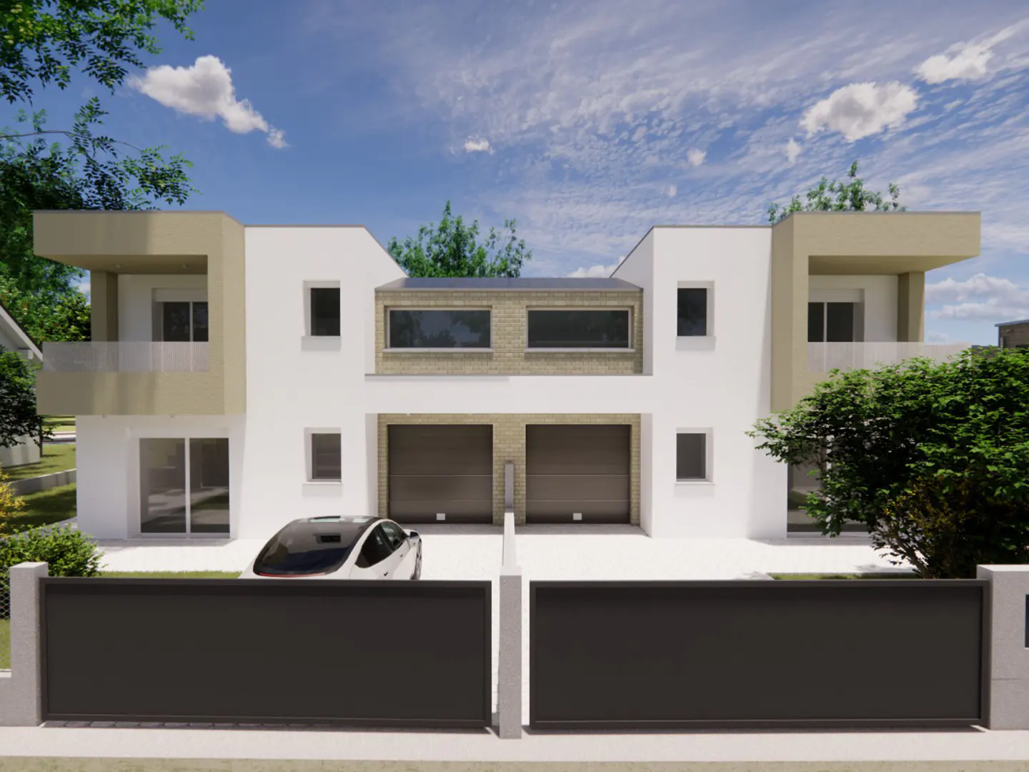Modern two-story duplex with white walls, tan accents, and two-car garages. A white car sits in the driveway behind a black metal gate.