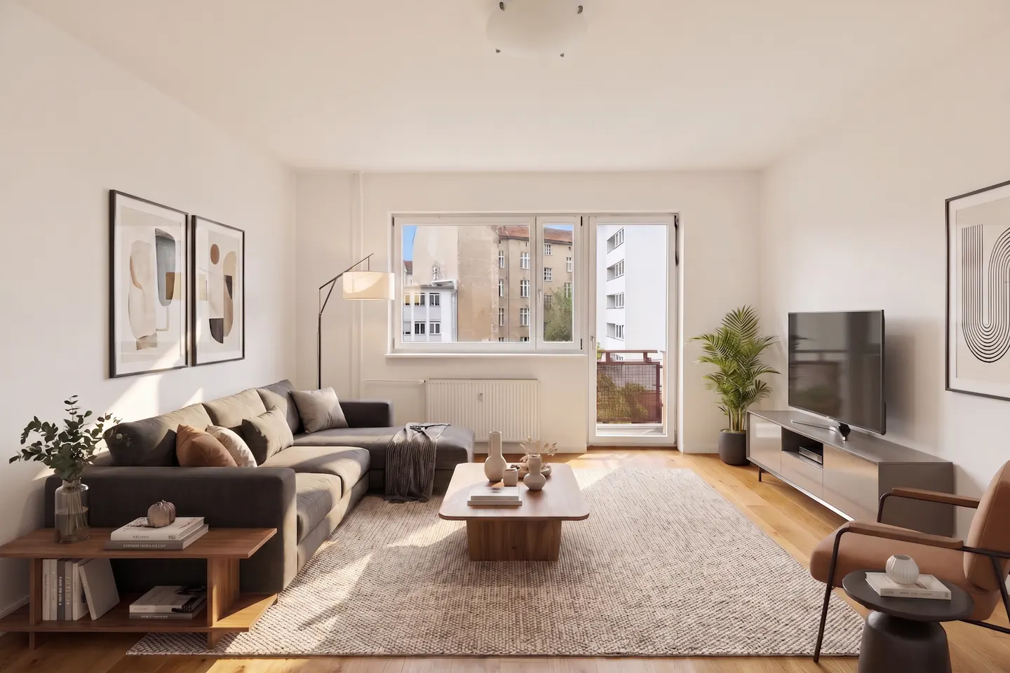 Modern living room with a grey sectional sofa, wooden coffee table, TV on a console, and a balcony door with city views.
