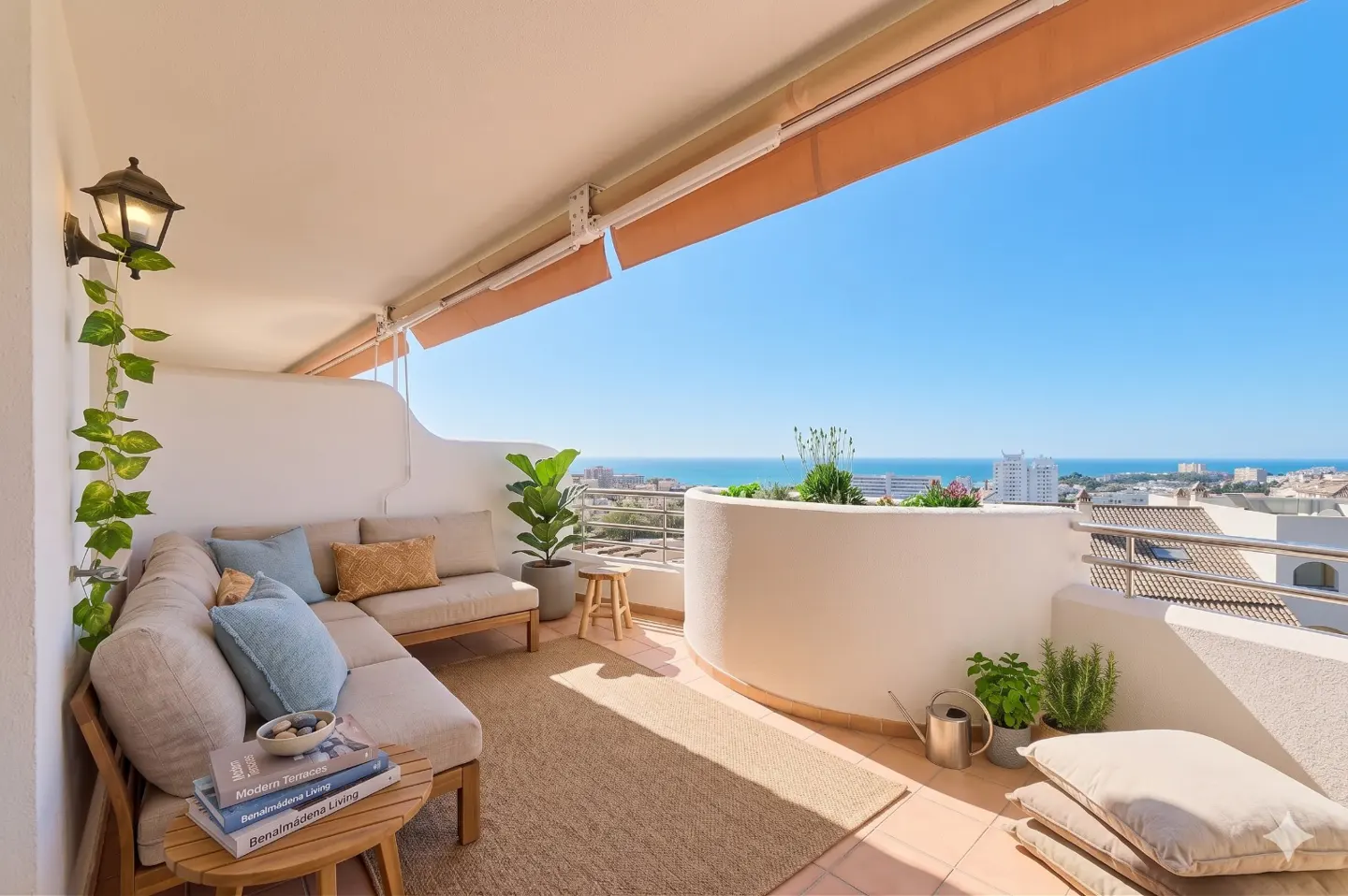 A sunlit balcony with a beige sectional sofa, pillows, and a view of the ocean and city. A brown awning provides shade.