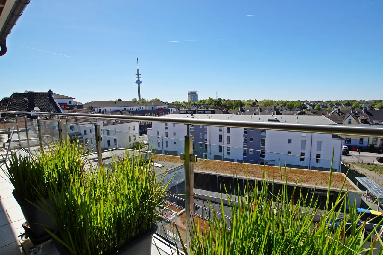 Balcony view with green plants in pots, a glass railing, and a cityscape with a tall tower under a clear blue sky.