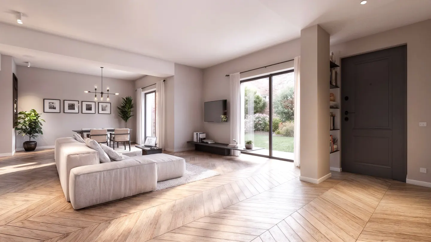Modern open-plan living room with a beige sectional sofa, herringbone wood floors, dining area, and a dark grey entry door.