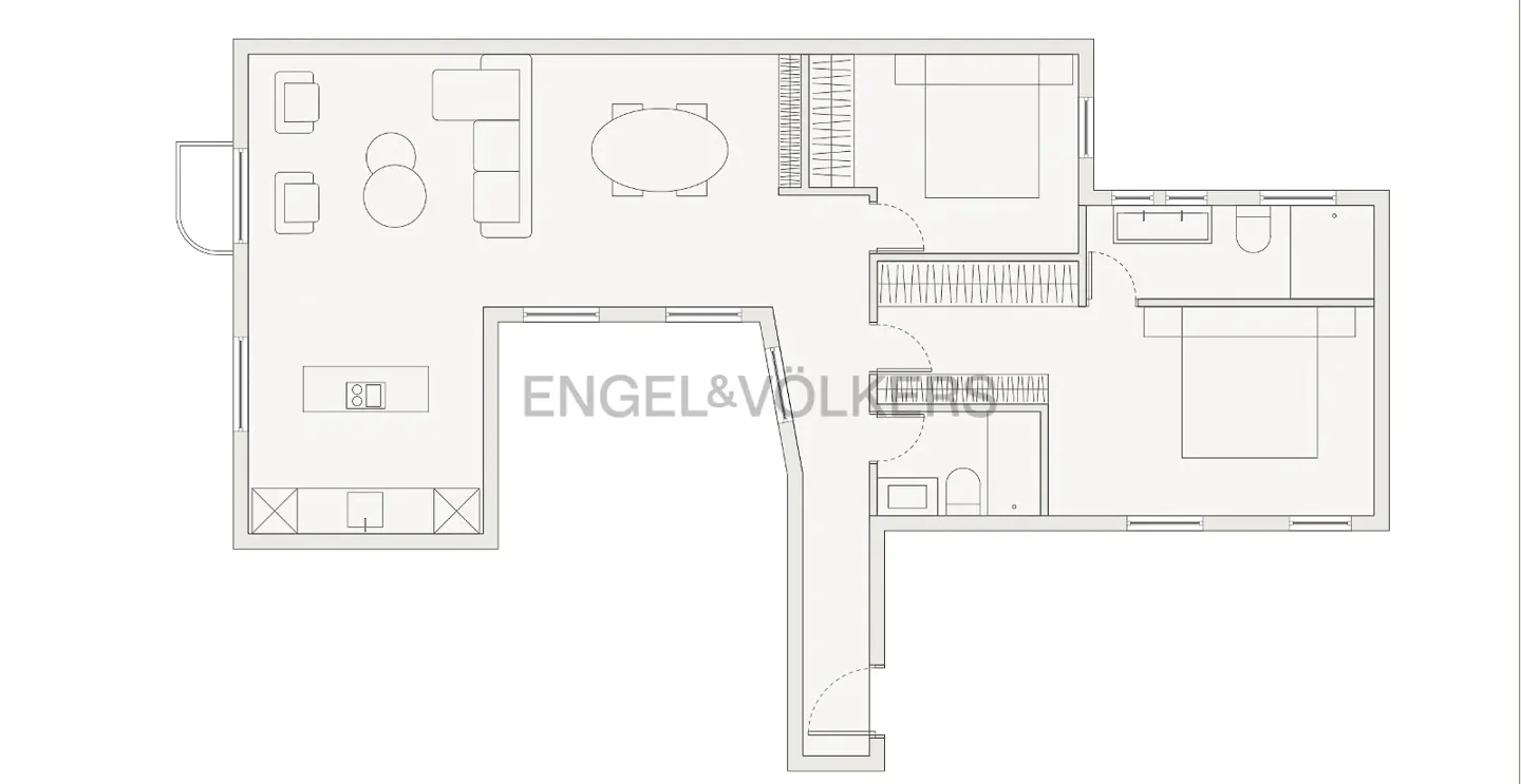 Floor plan of a two-bedroom apartment with a living room, kitchen, and two bathrooms. The Engel & Völkers logo is in the center.