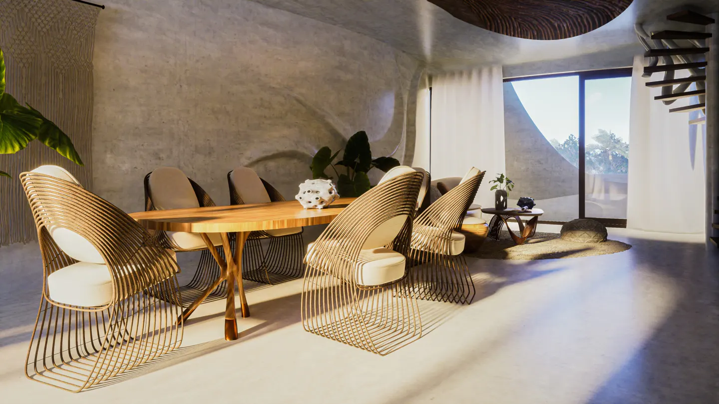 Modern dining room with a wooden table, wire-frame chairs, concrete walls, and a staircase in a bright, open-plan space.