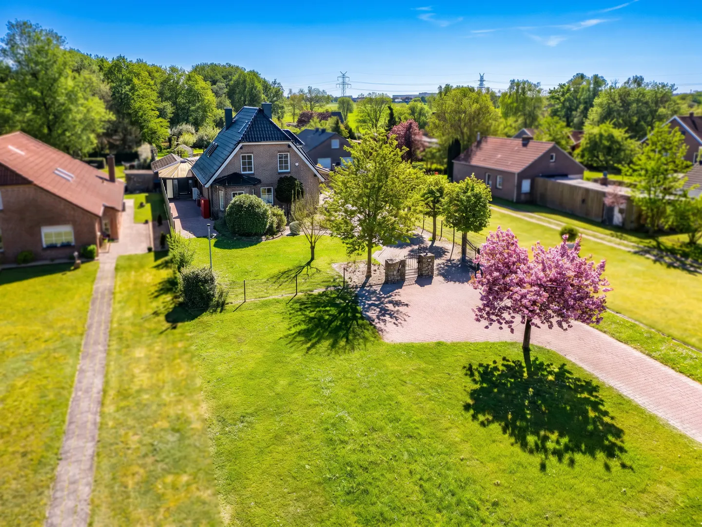 Aerial view of a grey house with a black roof, surrounded by green trees and lawn under a blue sky. A pink flowering tree is in the foreground.