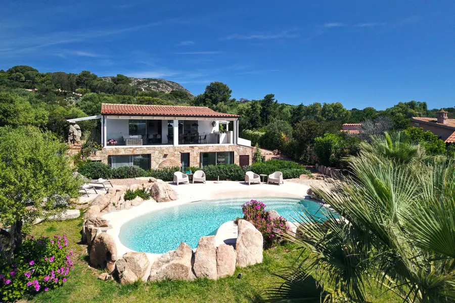 A luxurious villa with a pool surrounded by rocks and lush greenery under a clear blue sky.