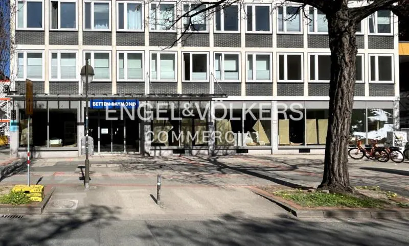 Exterior view of Engel & Volkers Commercial office in a gray building with white framed windows. A tree is on the right side of the image.