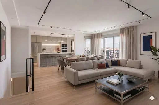Open-concept living space with a beige sectional sofa, black coffee table, dining table, and kitchen island. Track lighting on the ceiling.