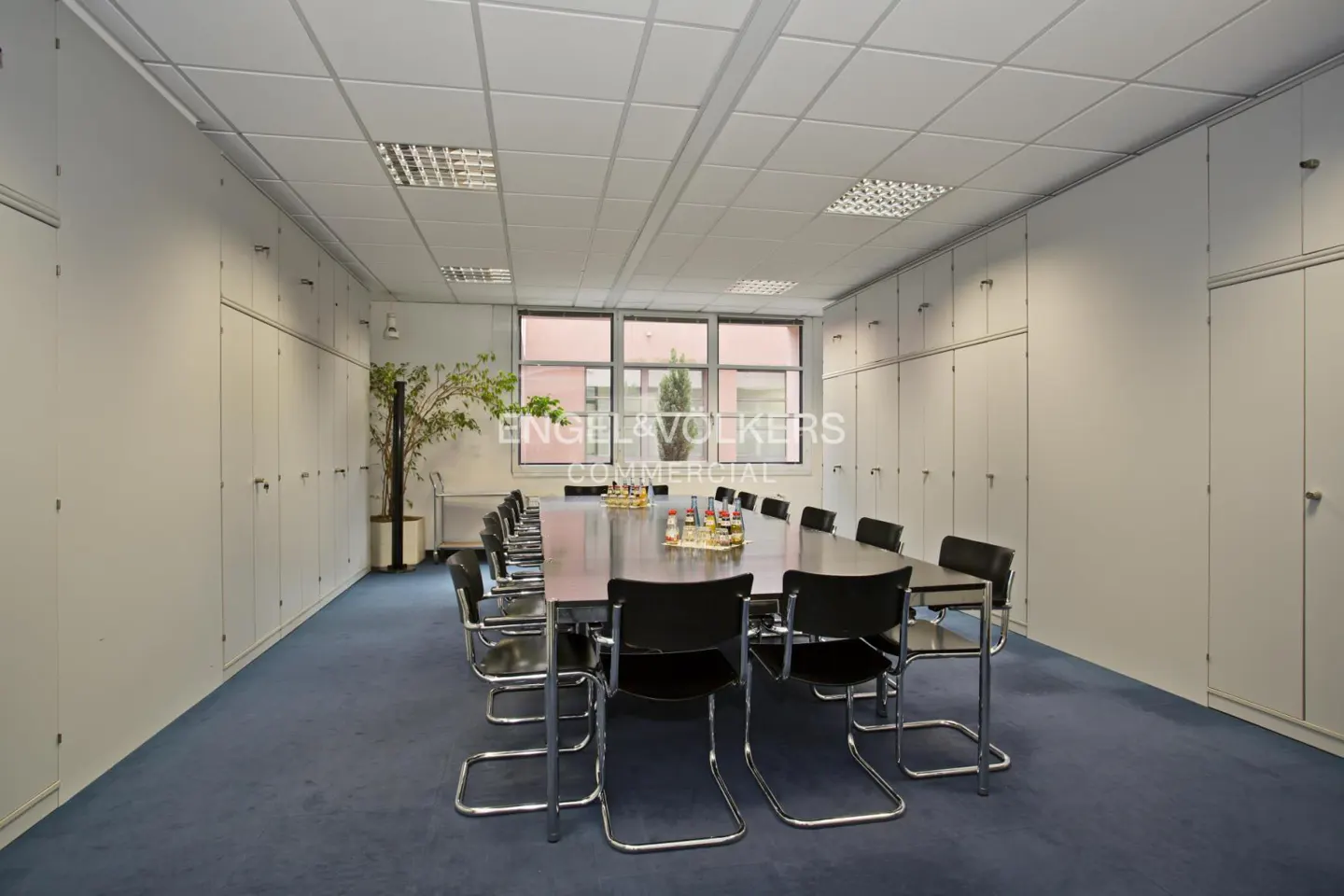 A conference room with a long table, black chairs, and white walls with storage cabinets. A blue carpet covers the floor.
