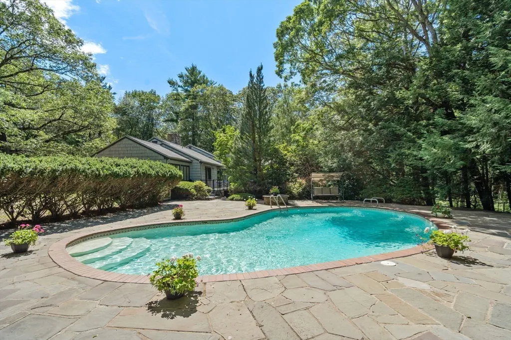 Backyard view of a kidney-shaped pool with stone patio, surrounded by green trees and a house in the background.