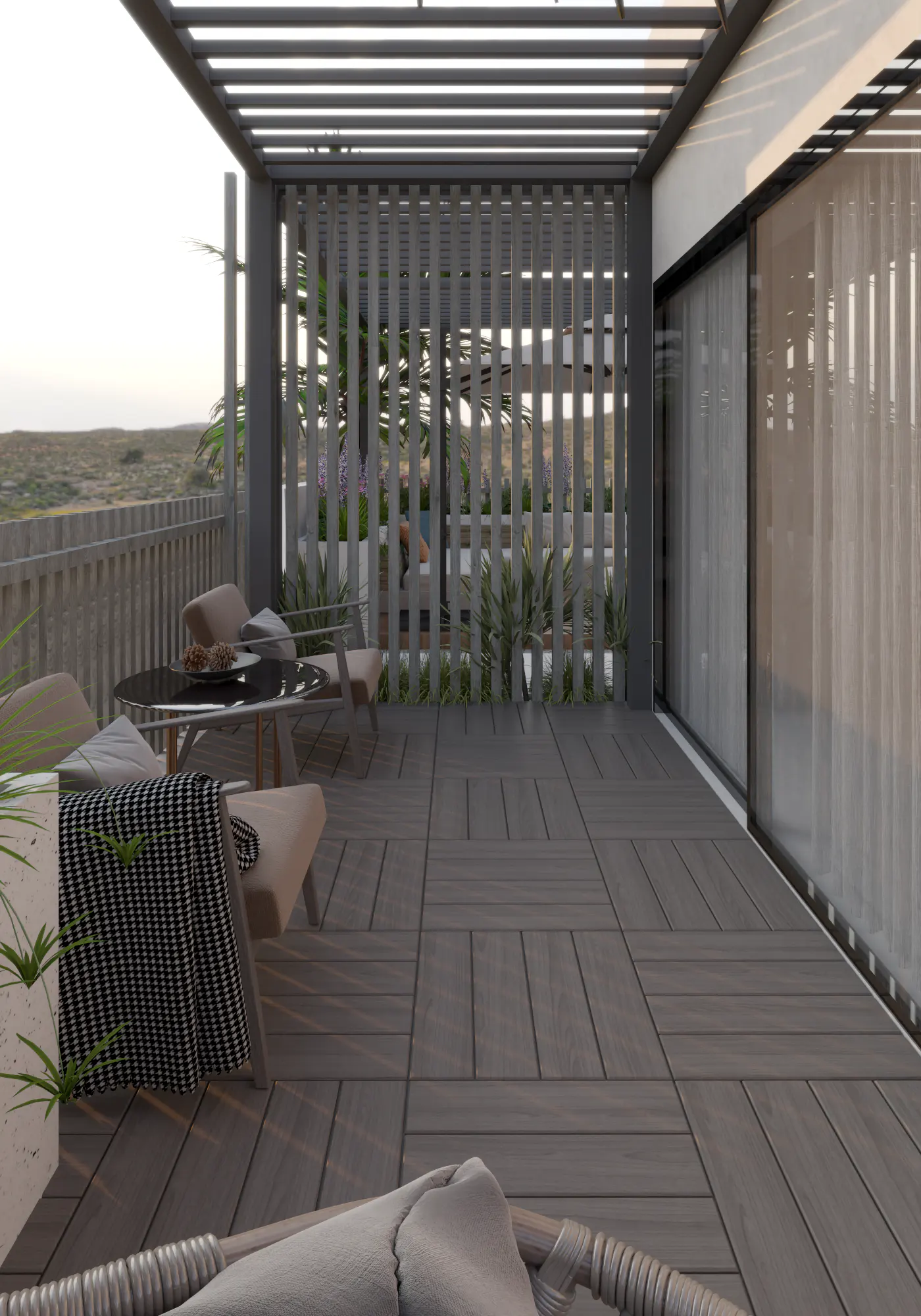 Outdoor patio with gray wood-look tile, pergola, and furniture. Table and chairs are visible. Sliding glass doors to the right.