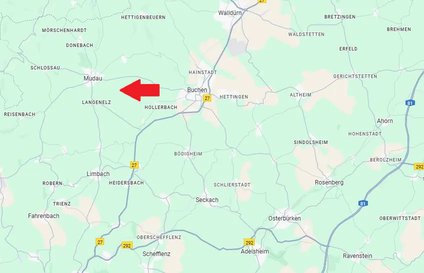 Map of Mudau, Germany, with a red arrow pointing to the town. Roads and surrounding towns are visible.
