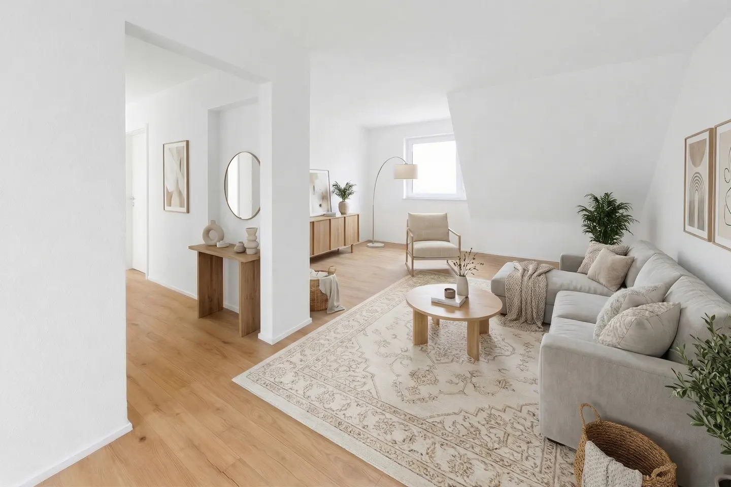 Bright living room with wood floors, white walls, and neutral furniture. A beige rug sits under a round coffee table and sectional sofa.