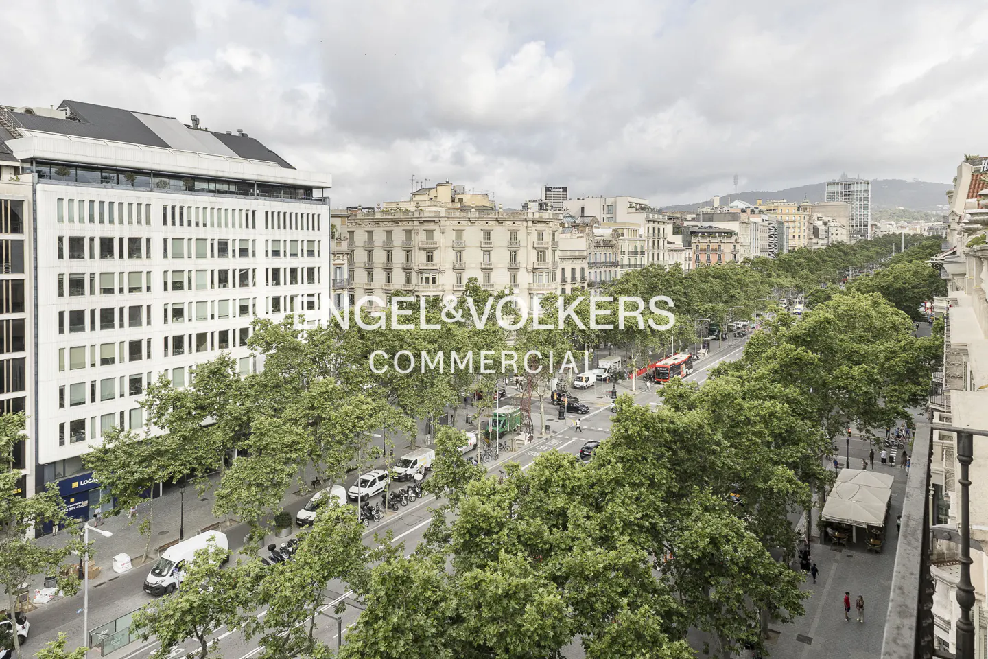 Elevated view of a tree-lined city street in Barcelona with traffic, pedestrians, and historic buildings under a cloudy sky.