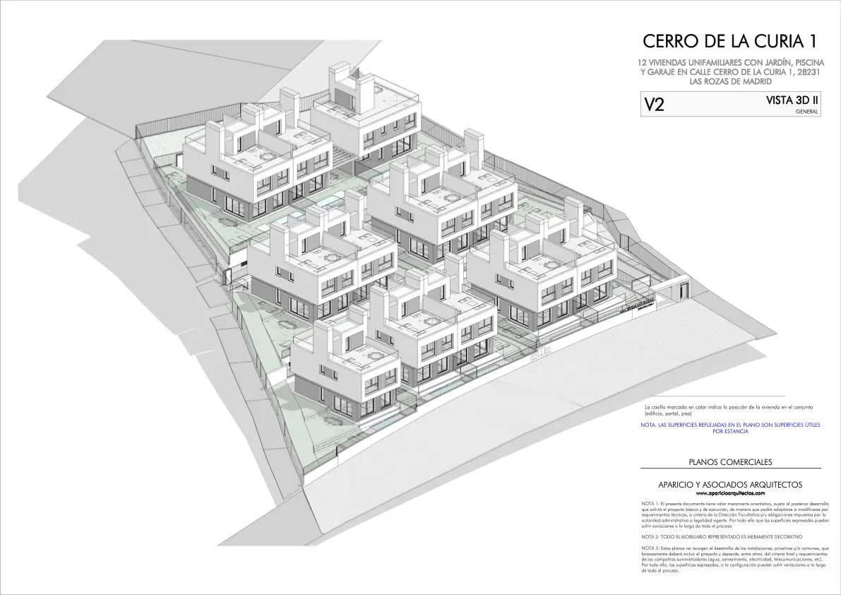 Architectural rendering of twelve modern, white townhouses with flat roofs, gardens, and garages on a sloped site.