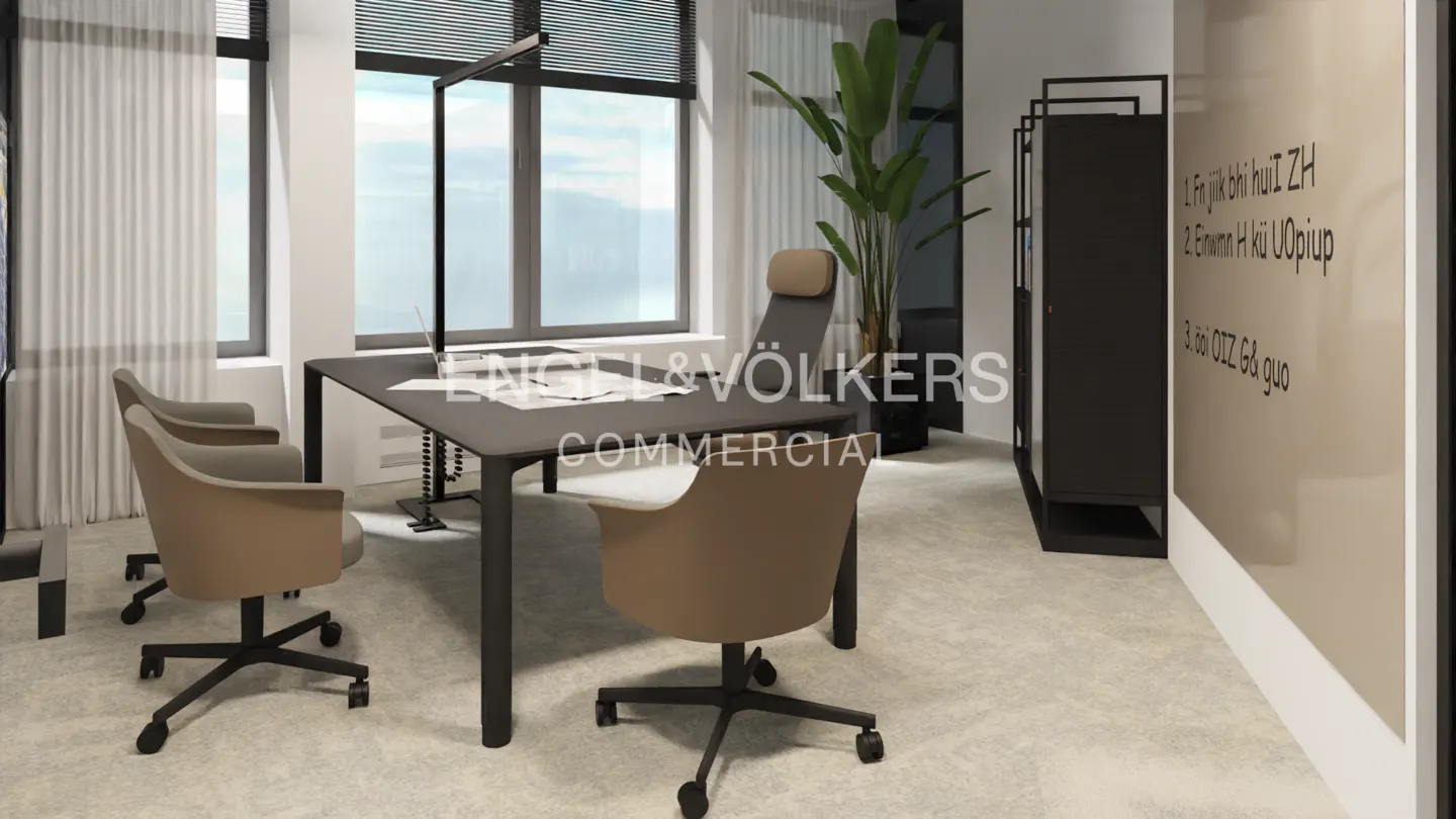 Office interior with a black desk, tan chairs, and large windows with white curtains. A tall plant and black shelving unit are visible.