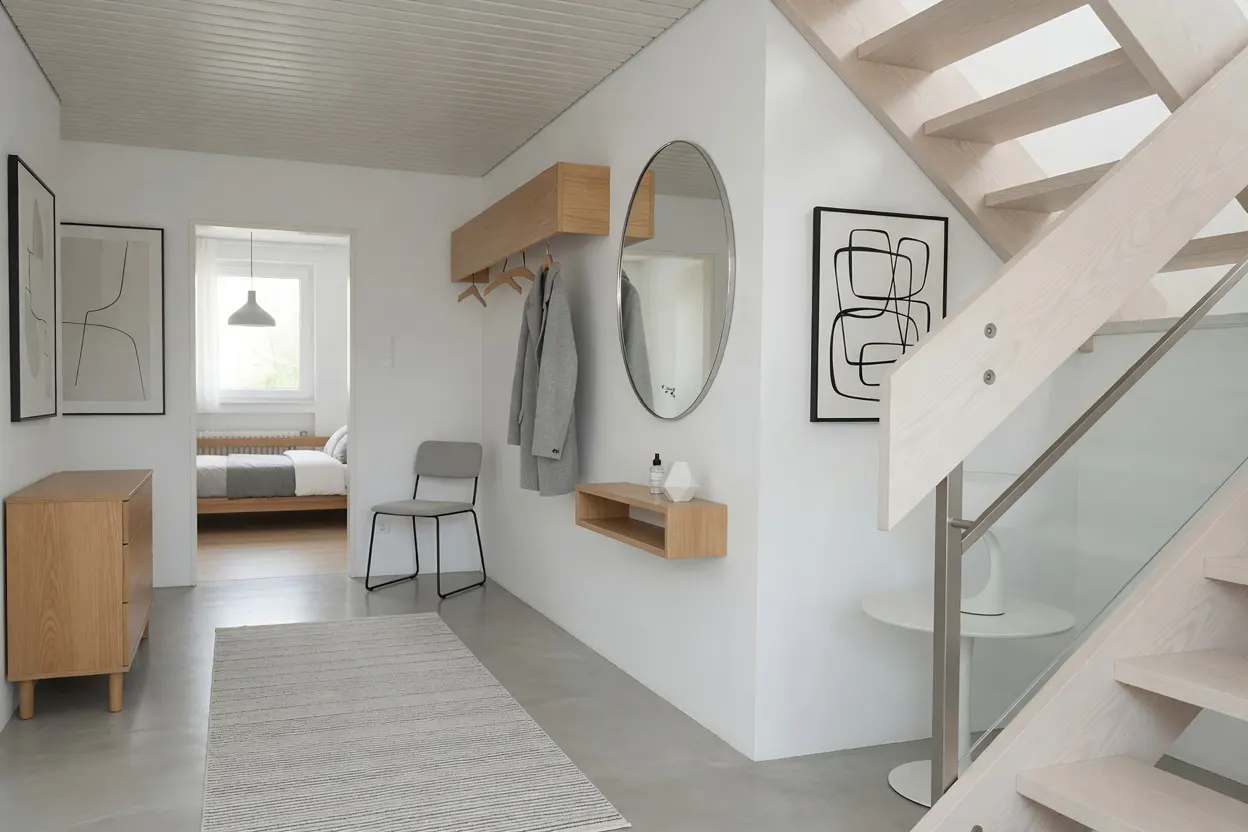 Bright, modern entryway with white walls, light wood accents, and a gray rug. A staircase is visible on the right. A bedroom is seen through a doorway.