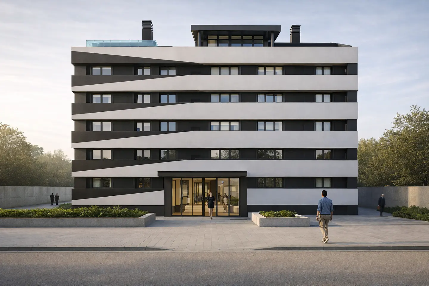 Modern apartment building with black and white horizontal stripes. People walk on the sidewalk in front of the building.