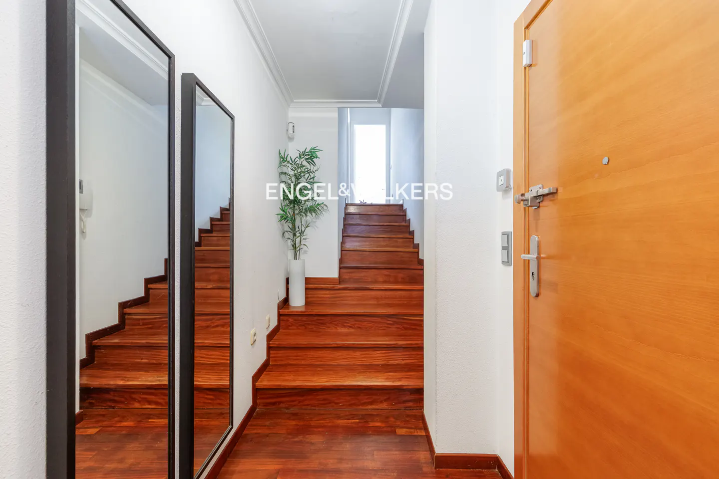 Entryway with wood floors, stairs, and a light wood door. A tall mirror reflects the stairs. A plant sits near the stairs.