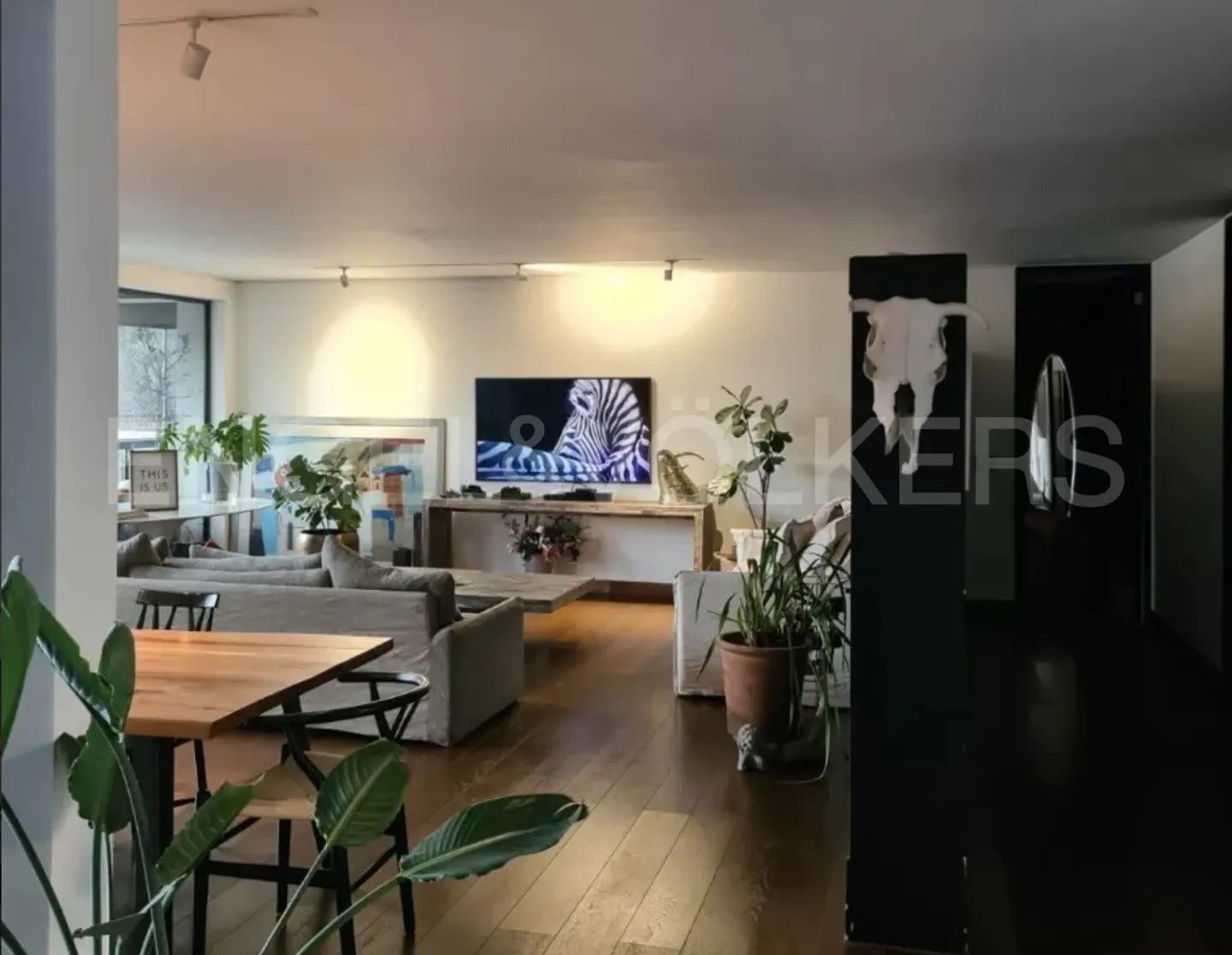 Open-concept living room with hardwood floors, gray sofas, and a large TV displaying a zebra. Plants add greenery to the space.