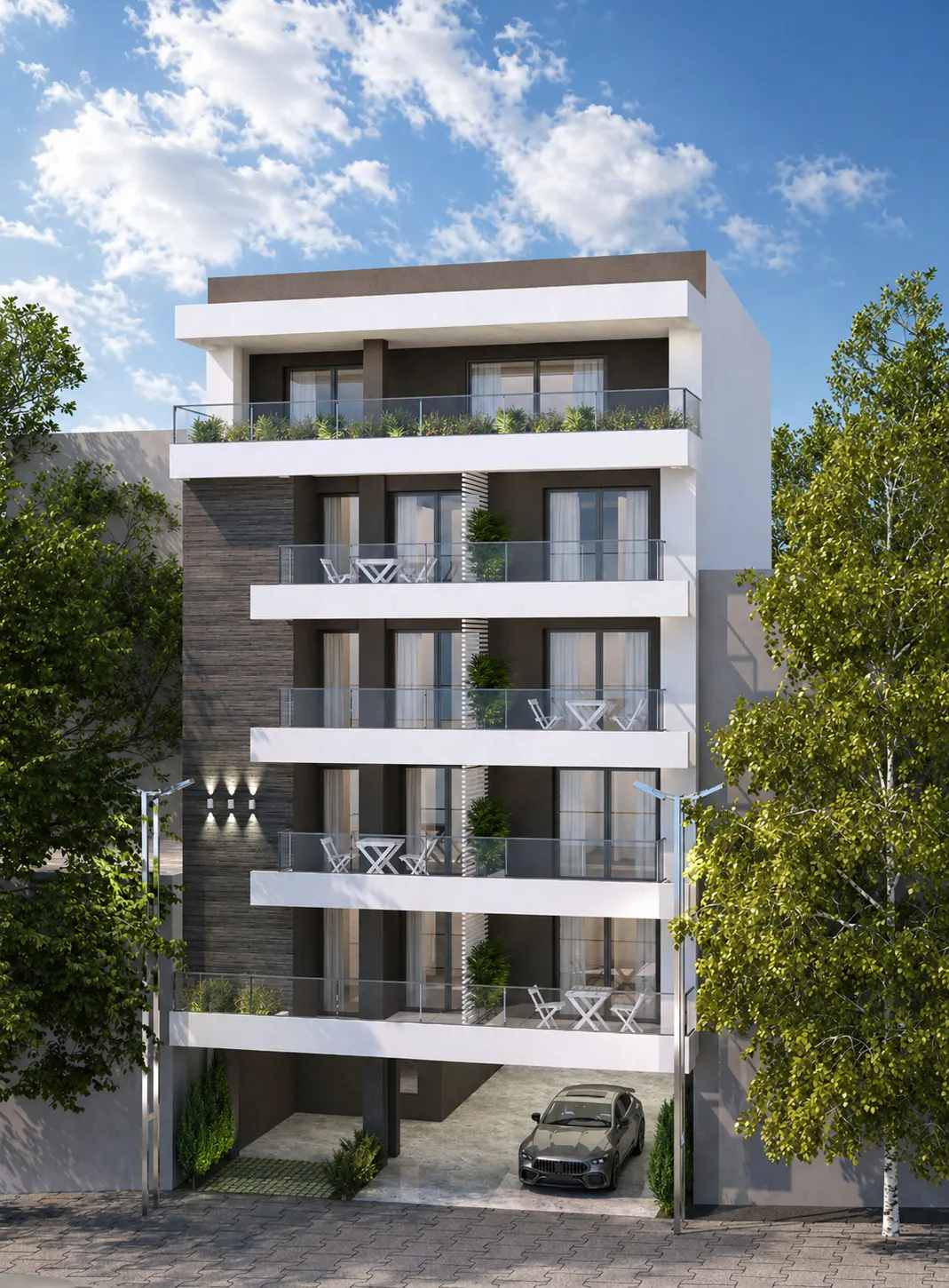 Modern apartment building with white balconies, glass railings, and a dark gray accent wall. A black car is parked underneath.