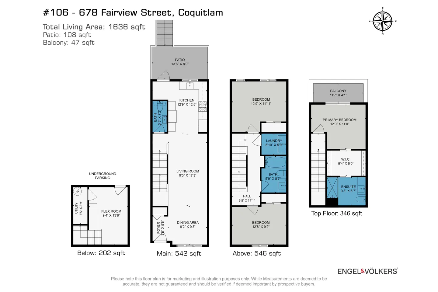 Floor plan for 678 Fairview Street, Coquitlam, showing four levels including underground parking and three living floors.
