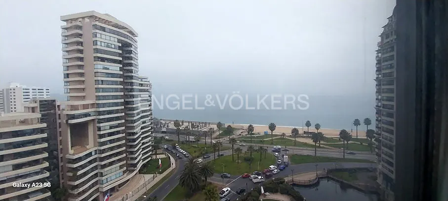 High-rise apartment buildings overlook a coastal road, palm trees, a sandy beach, and the ocean on a cloudy day.