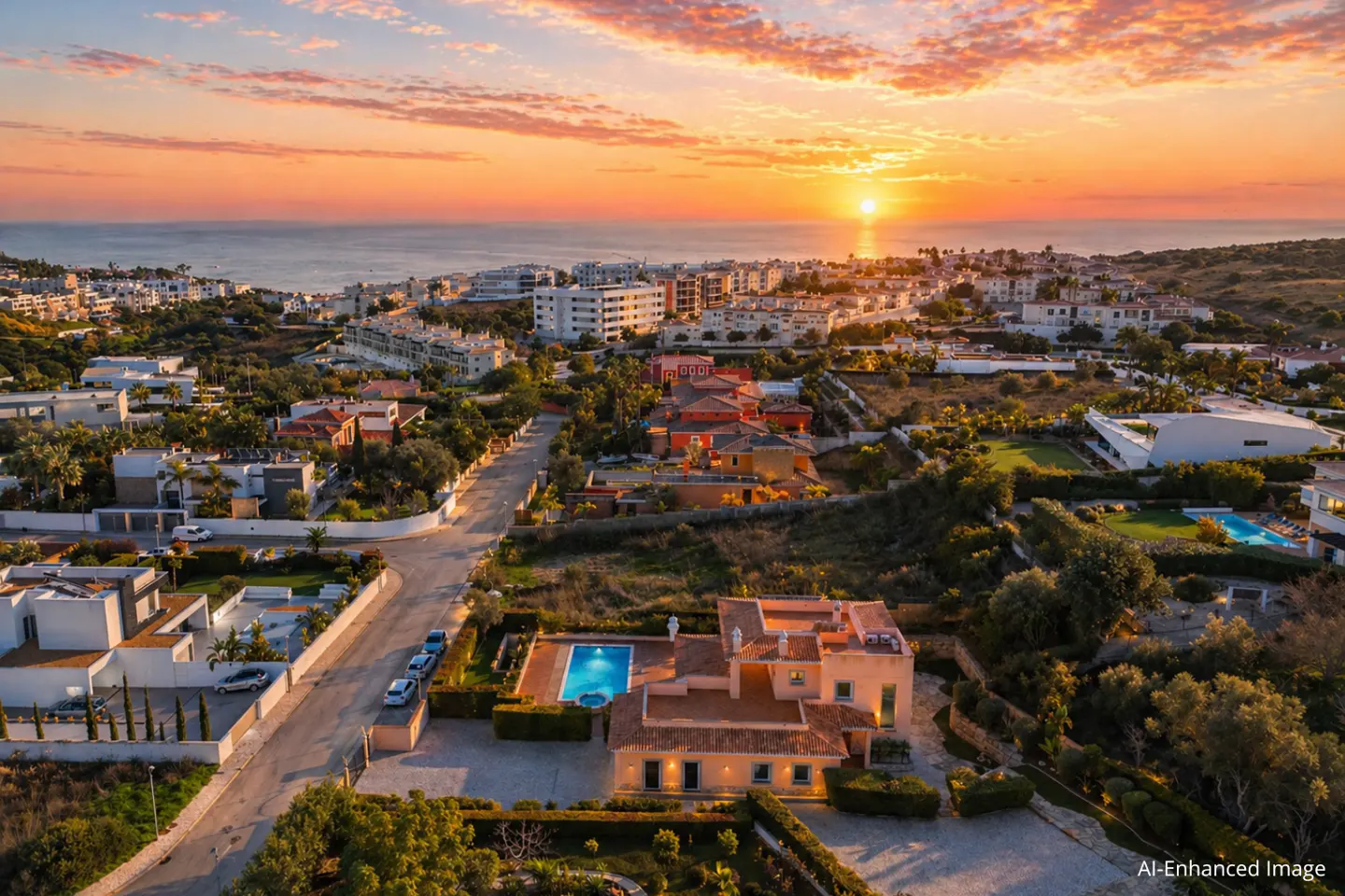 Aerial view of a luxury home with a pool at sunset. The sky is orange and pink, and the ocean is in the background.