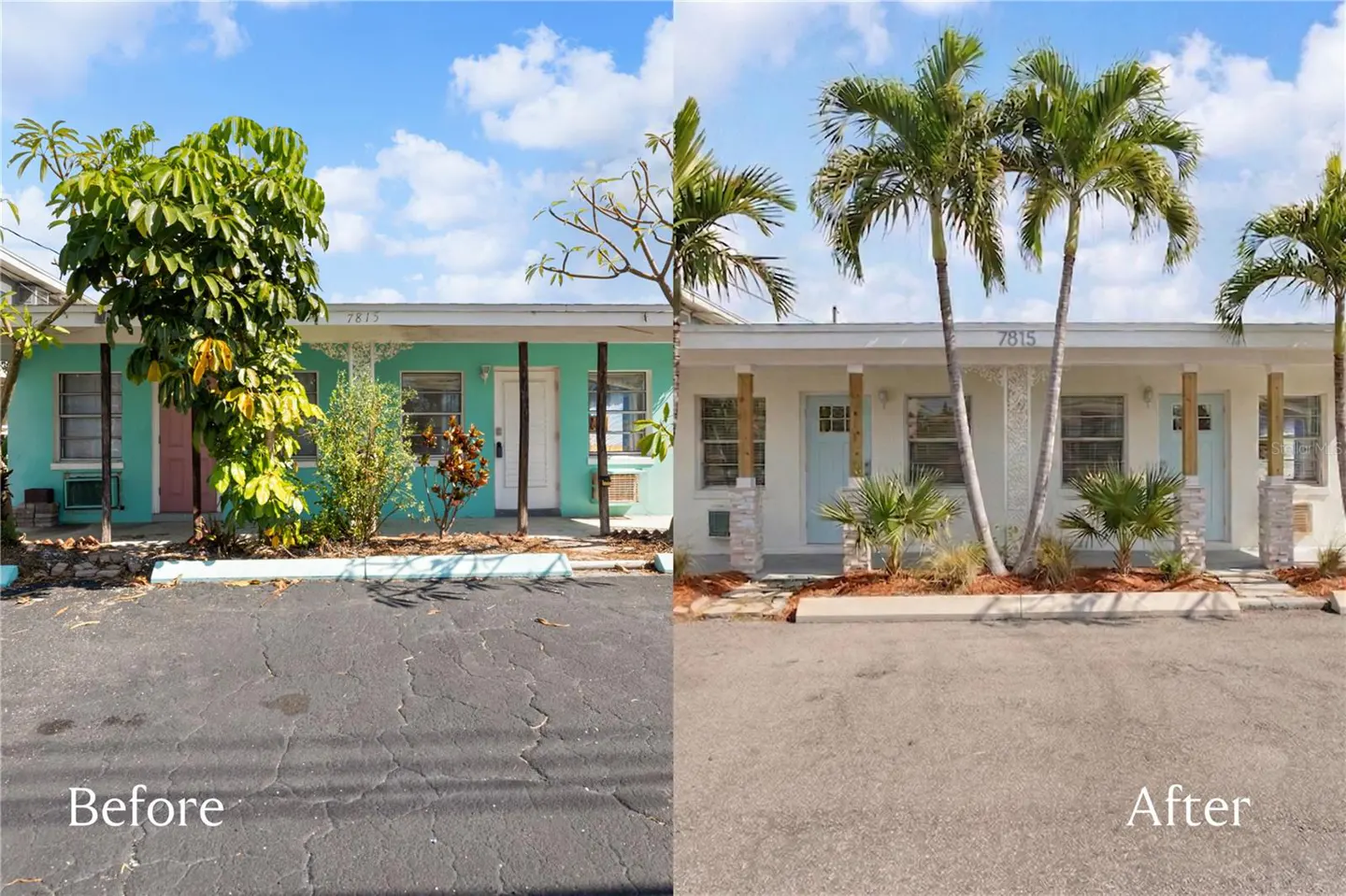 "Before and after" split image of a renovated motel. The left side shows the old teal building, and the right side shows the updated white building with palm trees.