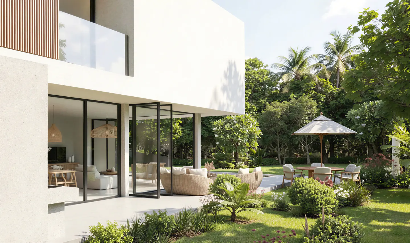 Modern white house with black framed glass doors opening to a patio with wicker furniture and a lush green garden.