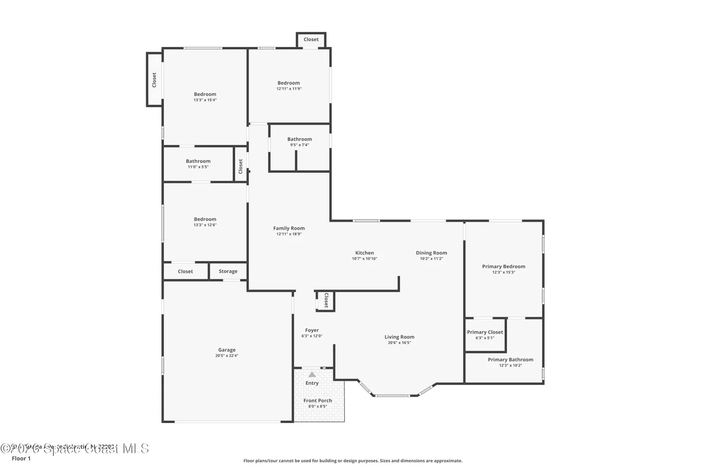 Floor plan of a house with bedrooms, bathrooms, kitchen, living room, dining room, family room, garage, and closets.