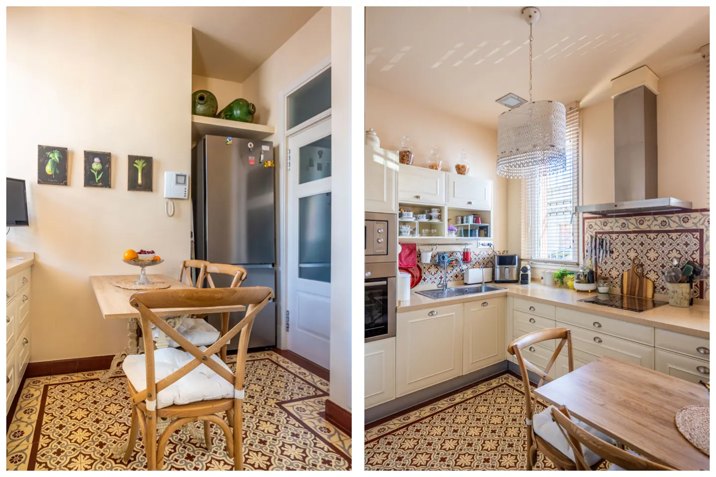 Two-panel view of a bright kitchen with patterned tile floors, cream cabinets, stainless steel appliances, and wooden chairs.
