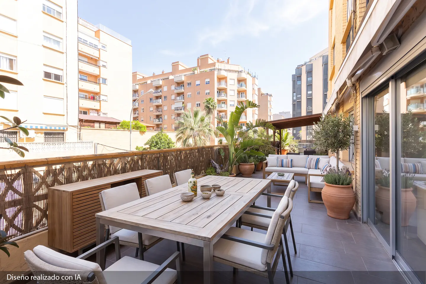 Outdoor patio with a dining table, chairs, and a sofa with striped pillows. Potted plants and city buildings in the background.