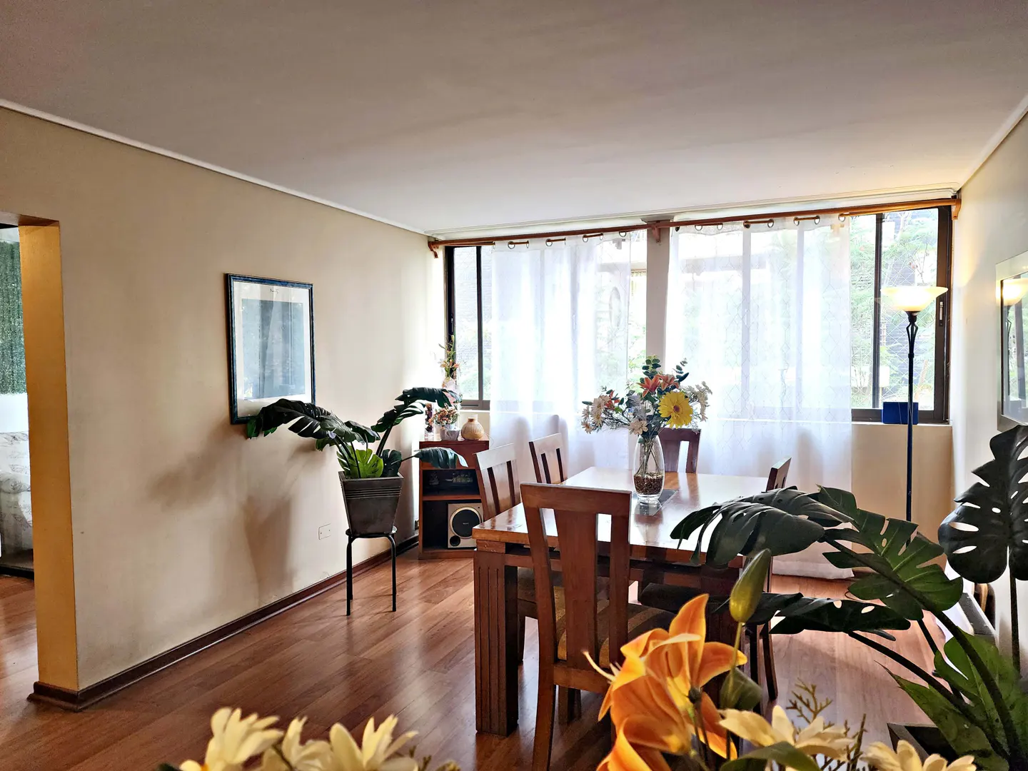 A dining room with a wooden table and chairs, hardwood floors, and large windows with sheer white curtains. Plants and flowers add color.