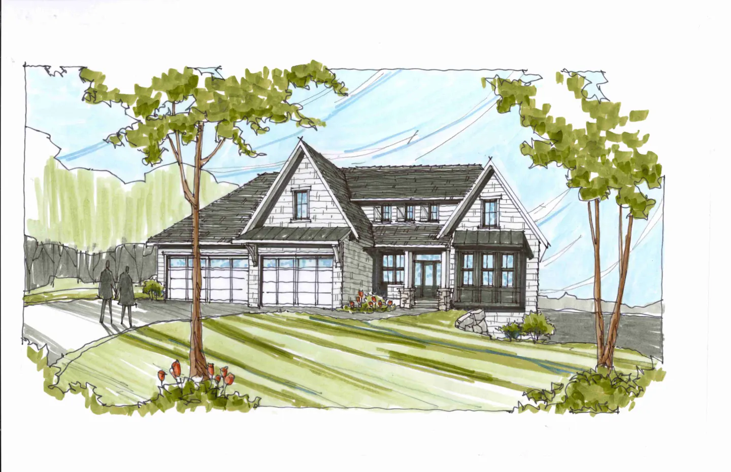 Illustration of a two-story white house with a gray roof, two-car garage, and green lawn. Two people walk up the driveway. Trees frame the house.