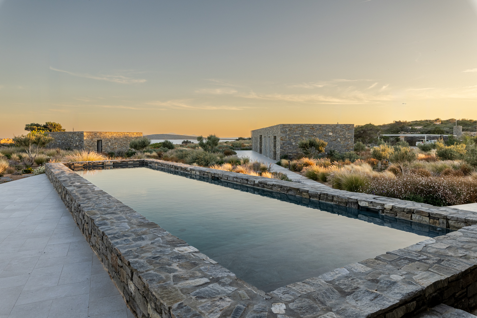 Private 7-bedroom architectural estate with sunset views near the beach in Paros