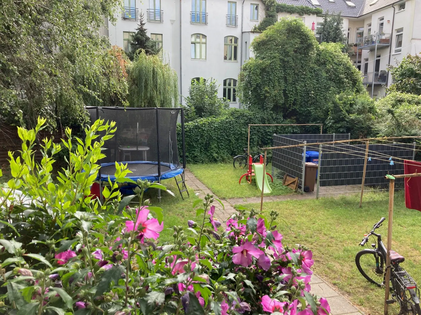 A backyard with a trampoline, slide, and clothesline. Pink flowers are in the foreground. A white building is in the background.