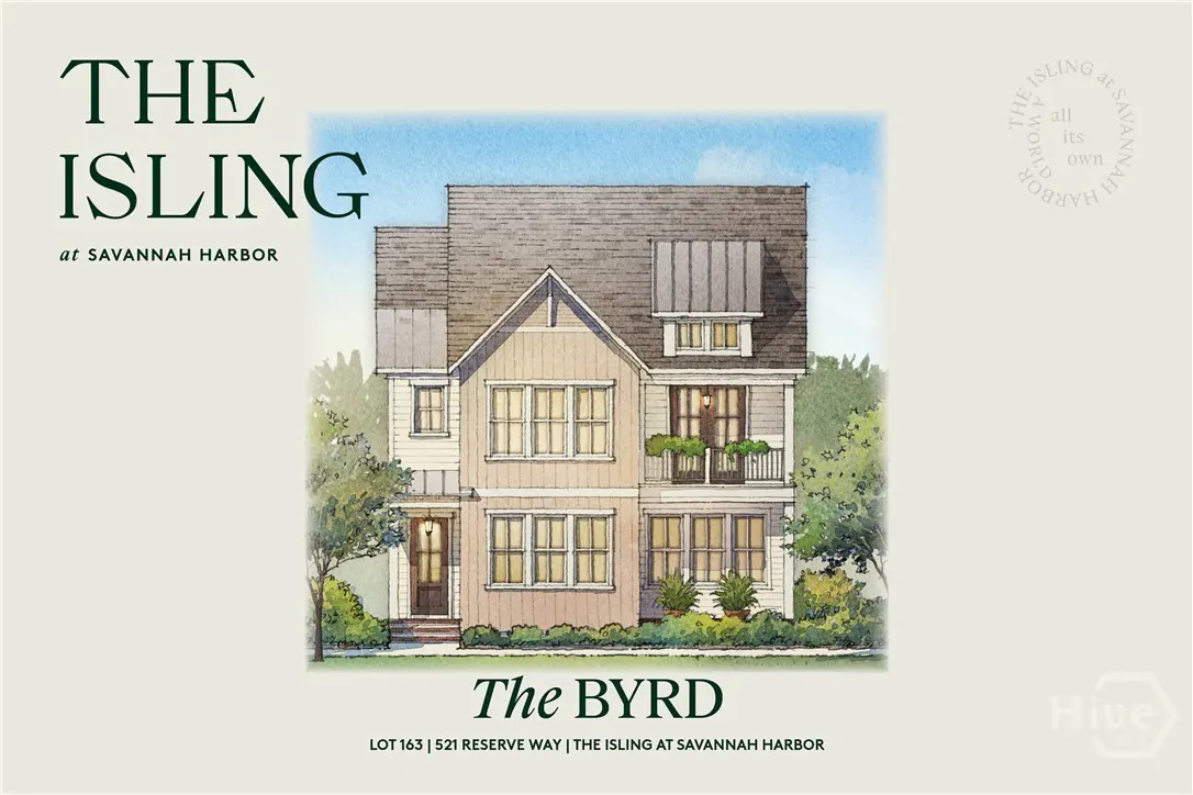 Illustration of "The Byrd" house at Savannah Harbor, a two-story home with a gray roof and beige siding. It has a small balcony with plants.