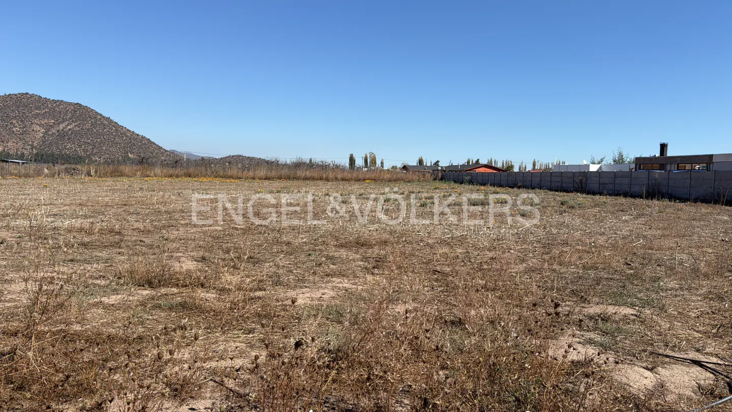 Vacant lot with dry grass under a clear blue sky, a mountain in the background. A concrete fence borders the property.
