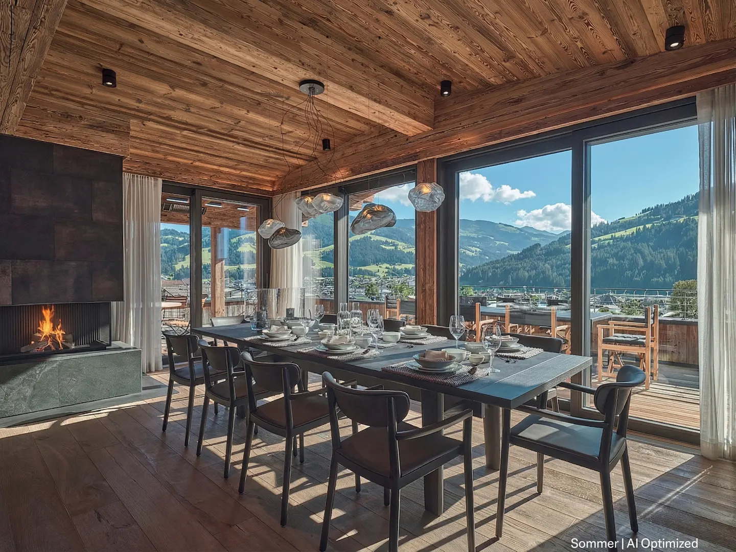 A dining room with a long table set for a meal, a fireplace, and a mountain view.