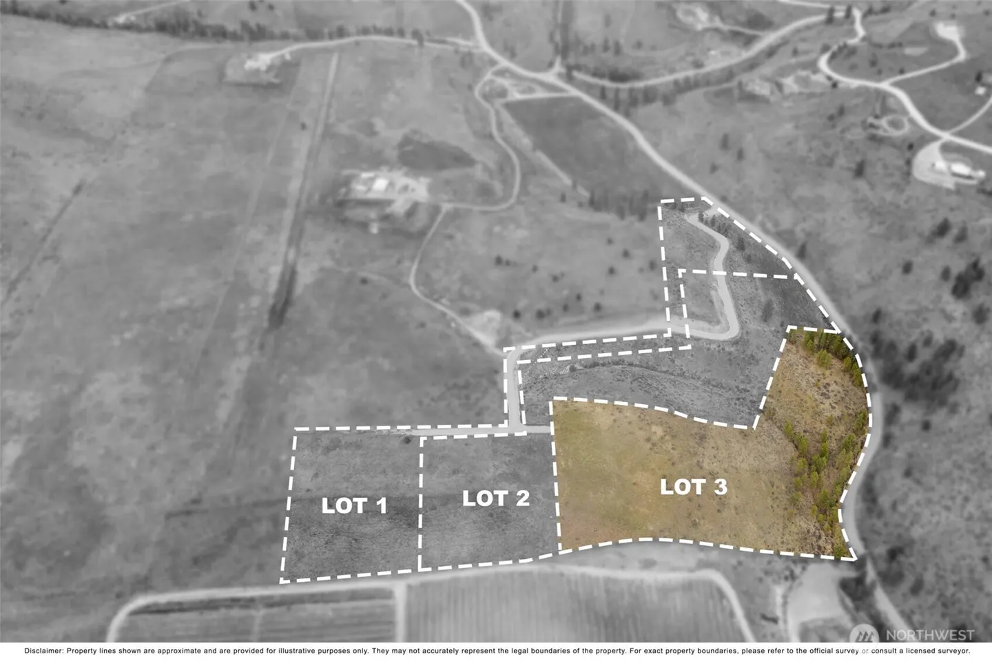 Aerial view of three lots outlined in white, with Lot 3 highlighted in color.