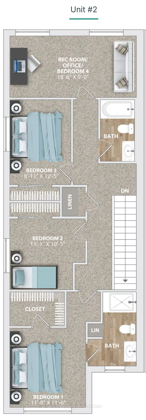 Unit #2 floor plan showing four bedrooms, two bathrooms, a rec room, and a staircase.
